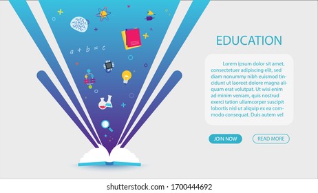Education banner, Light emitting from a book, Icon, Flat vector illustration.