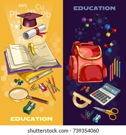 Education banner. Open book of knowledge. Back to school tools. Symbol of education, mathematics, chemistry, physics. Modern education elements