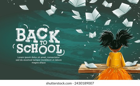 Education banner with school girl in classroom at lesson, flying books surround, vector illustration. 