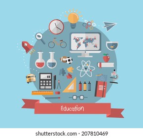 Education banner with school icons on blue background