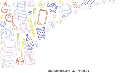 Education banner. School items in form of frame. Welcome to school. Vector illustration with editable stroke. Doodle style drawing items. Bright colorful image for design