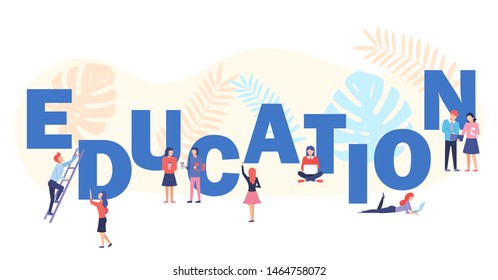 Education banner. Science alphabet. ABC vector with with characters at work. Simple colored letters and scientist character. Flat education, training, online tutorial, e-learning concept.