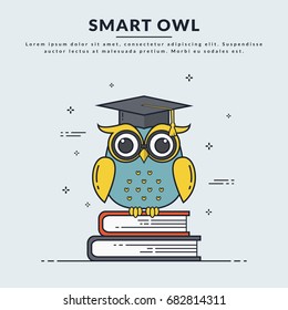 Education banner with smart owl sitting on books. Back to school, graduation or learning themes. Vector illustration. Flat line design.