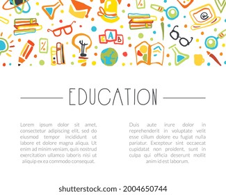 Education Banner with Space for Text and School Supplies Pattern, Brochure, Card, Flyer Design Vector Illustration