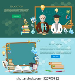 Education banner, student and teacher, blackboard. Back to school template. Education vector 