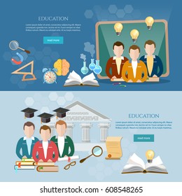 Education banner, students learn, open book knowledge, blackboard. Back to school template, group of students, time to education 