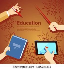 Education banner. The teacher's hand holds a pointer, a book, a textbook, a pen. Tablet and training videos. Abstract background with plants.