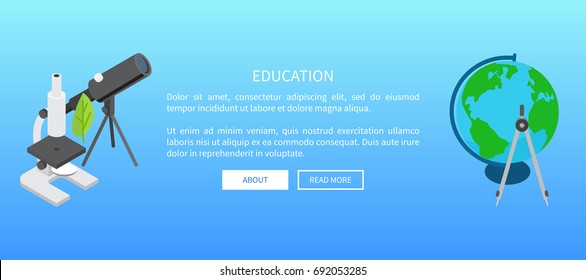 Education banner with telescope and microscope near text information and earth model on blue background graphic vector illustration