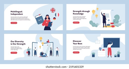 Education banner template concept. Vector flat design character illustration set. Collection of layout. Group of male and female student. Male student with diploma graduate. Language, blackboard, book