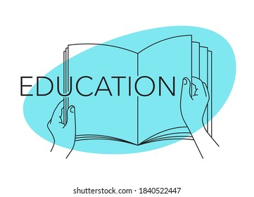 Education banner in thin line - hands flipping book pages inside abstract frame - isolated vector concept