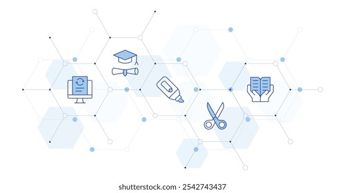 Ilustração de vetor de banner educacional com estilo de ícone entre. ícone Duotônico de Linha. Contendo tesoura, processamento de dados, marcador, treinamento, educação.