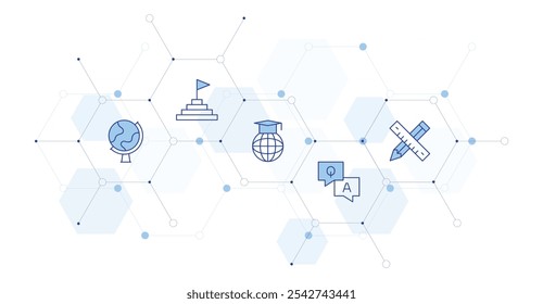 Education Banner Vector Illustration with Icon Style in Between. Line Duotone icon. Containing qa, globe, online education, pencil, goal.