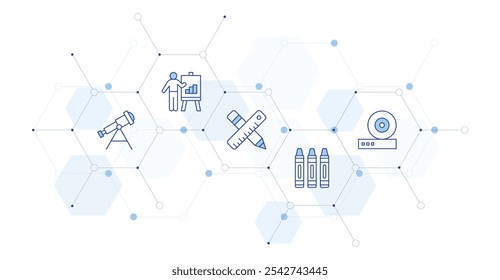 Ilustração de vetor de banner educacional com estilo de ícone entre. ícone Duotônico de Linha. Contendo apresentação, astronomia, lápis de cera, régua, fricção.