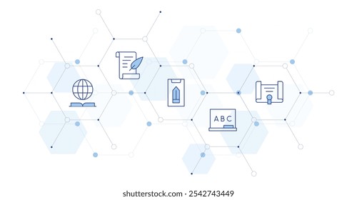 Education Banner Vector Illustration with Icon Style in Between. Line Duotone icon. Containing online learning, blackboard, knowledge, poetry, diploma.