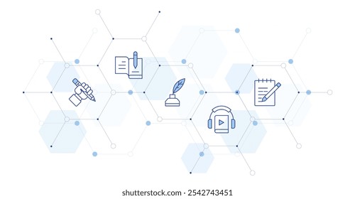 Ilustración vectorial de Anuncio de Educación con estilo de icono en el medio. Icono de línea Duotone. Contiene nota, literatura, audiolibro, lápiz, escribir.