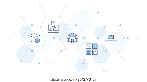 Education Banner Vector Illustration with Icon Style in Between. Line Duotone icon. Containing mortarboard, online learning, education, stem.