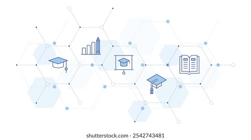 Ilustração de vetor de banner educacional com estilo de ícone entre. ícone Duotônico de Linha. Contendo livro, gráfico de barras, mortarboard, educação.