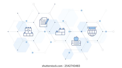 Ilustración vectorial de Anuncio de Educación con estilo de icono en el medio. Icono de línea Duotone. Contiene bloques, conocimiento, archivo, educación, construcción.