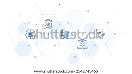 Education Banner Vector Illustration with Icon Style in Between. Line Duotone icon. Containing education, open book, artificial intelligence, conspectus, scholarship.