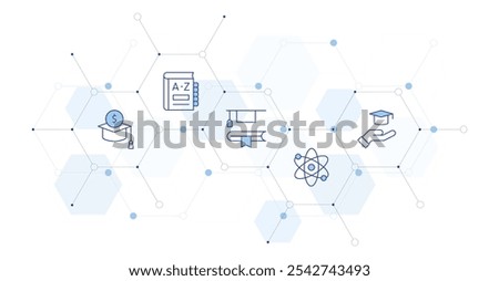 Education Banner Vector Illustration with Icon Style in Between. Line Duotone icon. Containing atom, dictionary, study, scholarship, education.
