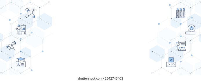 Education Banner Vector Illustration with Two-sided Icon Style. Line Duotone icon. Containing presentation, astronomy, blocks, crayons, visa, teaching, ruler, friction.