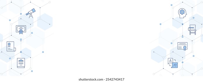 Education Banner Vector Illustration with Two-sided Icon Style. Line Duotone icon. Containing certificate, mind, language, desk, telescope, education, diploma.