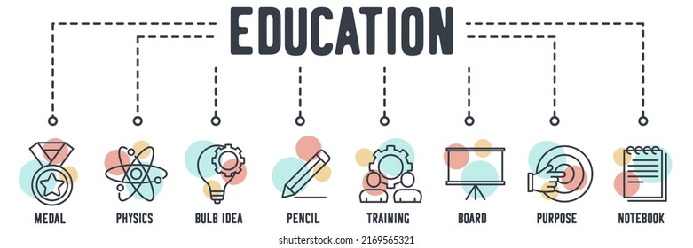education banner web icon. medal, physics, bulb idea, pencil, training, board, purpose, notebook vector illustration concept.