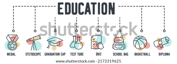 Education banner web icon. medal, stethoscope,\
graduation cap, test tube, quiz, school bag, basketball, diploma\
vector illustration\
concept.