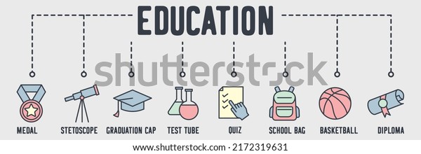 Education banner web icon. medal, stethoscope,\
graduation cap, test tube, quiz, school bag, basketball, diploma\
vector illustration\
concept.