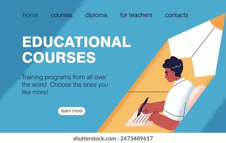 Education banner, web-site UI design. Online study, background template for internet courses. Landing page for digital learning, training website, webpage interface. Flat vector illustration for .