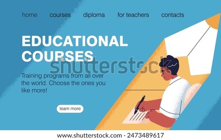 Education banner, web-site UI design. Online study, background template for internet courses. Landing page for digital learning, training website, webpage interface. Flat vector illustration for .