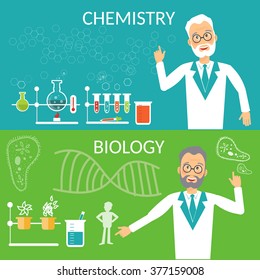 Education banners biology and chemistry research scientist experiment vector illustration 