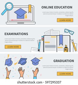 Education banners collection in flat line modern style. Vector illustration for web banner, infographics, hero images.