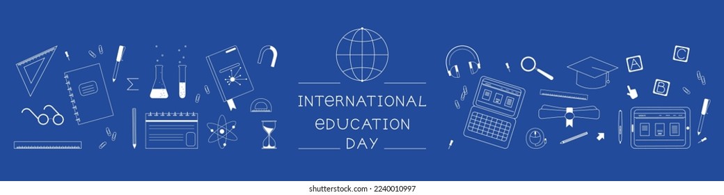 Education banners, e-learning, school activities. White Line design style on blue background