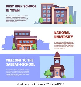 Carteles educativos. Plantilla de impresión con fachadas de edificios escolares nítidas imágenes vectoriales con lugar para texto
