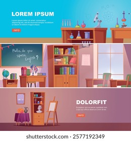 Education banners. school specific interiors chemistry classes languages and arts