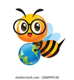Education bee. Cartoon cute bee wearing eye glasses holding small  earth globe. Vector character