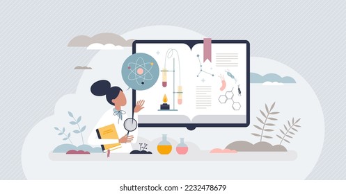 Education of the biology and chemistry as university nature science tiny person concept. Chemical reactions knowledge learning with living organisms or microscopic element research vector illustration