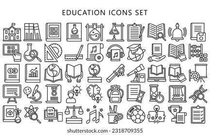 paquete de iconos de esquema negro de educación. contienen libros, microscopio, matemáticas, química y más. uso para concepto moderno, kit de interfaz de usuario o UX, web y aplicación. vector EPS 10 listo para convertir a SVG.