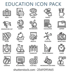 Education black outline icons set. contain book, globe, calculator, pen, ruler, laptop and more. use for modern concept, web and app development. Vector EPS 10