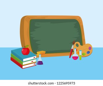 education blackboard with erlenmeyer flask and notebook