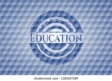 Education blue badge with geometric pattern background.
