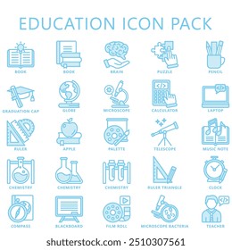 Education blue color icons set. contain book, globe, calculator, pen, ruler, laptop and more. use for modern concept, web and app development. Vector EPS 10