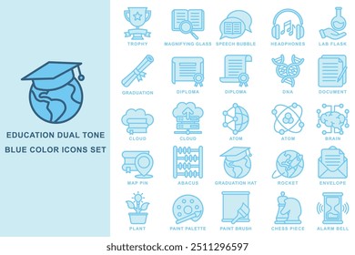 Education blue color icons set. contain book, globe, abacus, graduation, diploma, atom, graduation hat, and more. use for modern concept, web and app development. Vector EPS 10