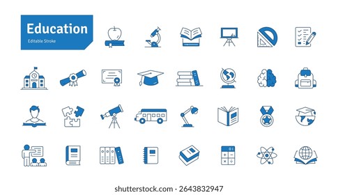 Education Blue Line Icons Set. E-Learning, School, College, Study, Knowledge, Calculator, Graduation, Teaching Icons Editable Stroke Vector Illustration