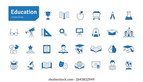 Education Blue Line Icons Set. E-Learning, School, College, Study, Knowledge, Calculator, Graduation, Teaching Icons Editable Stroke Vector Illustration