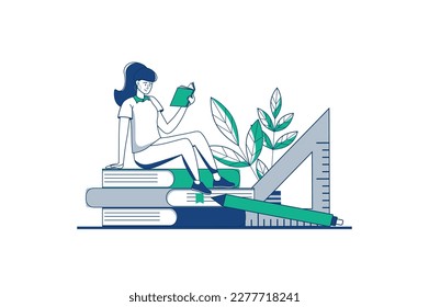 Education blue outline concept with people scene in the flat cartoon style. Girl reads a lot of books to gain useful knowledge and get a solid education. Vector illustration.