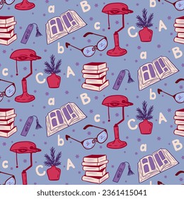 Education bold 90s retro seamless pattern with books, glasses, stack, library lamp and hand drawn letters. Cosy minimalistic design for wrapping paper, textile, decoration, scrapbooking