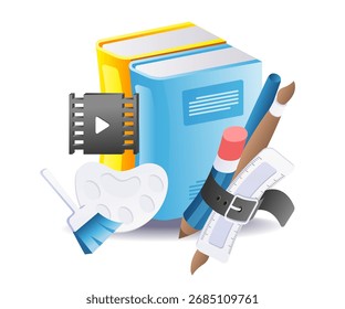 education book with drawing instruments for art concept