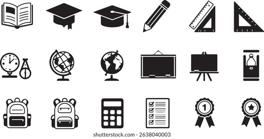 Education — book, graduation cap, pencil, ruler, globe, blackboard, backpack, calculator, test sheet, medal. black and white file format eps